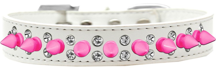 Double Crystal and Bright Pink Spikes Dog Collar White Size 18